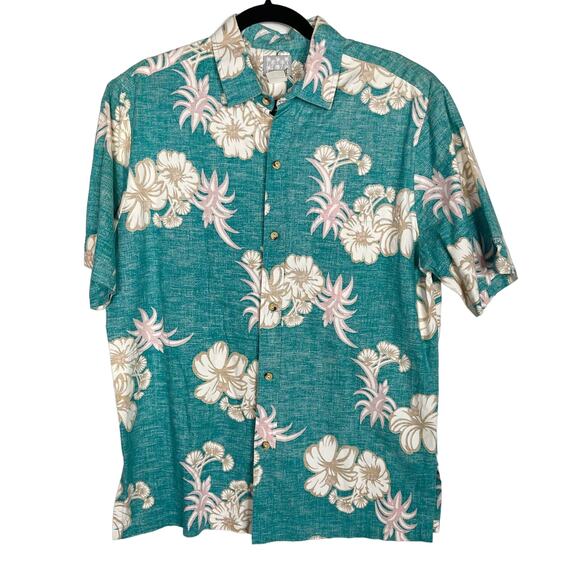 Hawaii ID Mens L Teal Green Pink Reverse Print Floral Aloha Shirt Button Front - Picture 1 of 7